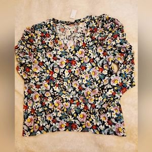 LOFT Women's Floral Puff Sleeve V-Neck Top X-LARGE